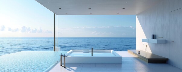 Elegance and luxury define this spacious bathroom overlooking an expansive ocean at dusk.copy space for text.