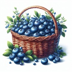 A watercolor basket with blueberries, isolated on a white background - Concept of nourishment, abundance, and harvest - Basket with forest fruit