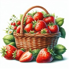 A watercolor basket with strawberries, isolated on a white background - Concept of nourishment, abundance, and harvest - Basket with forest fruit