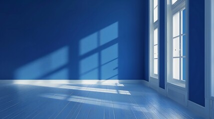 White floor contrasting beautifully with the deep blue walls of the photography studio.