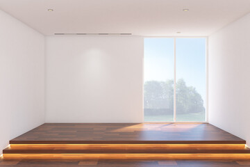 3d rendering illustration of dining space interior of japanese style. Empty room with  frame mock up. Wood parquet floor stage, wood panel and white ceiling. Set 3