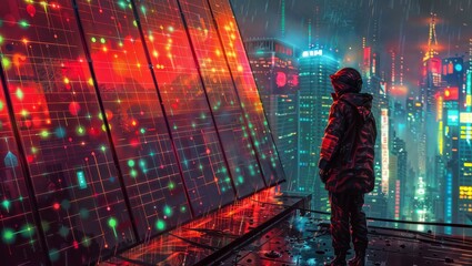 Cyberpunk-style digital art featuring a hooded figure overlooking a futuristic city skyline through a wall of glowing solar panels, with neon lights and rain adding to the atmospheric, tech-noir vibe.