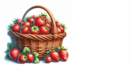 A watercolor basket with strawberries, isolated on a white background with copy space - Concept of nourishment, abundance, and harvest - Basket with forest fruit