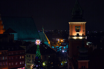 View from the Taras Widokowy observation deck on Royal Castle and Christmas tree in the Old Town...