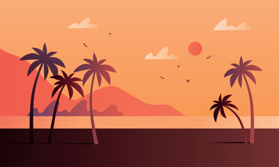 Fototapeta premium Evening on the beach with palm trees. An evening on the beach with palm trees. Colorful picture for rest. Blue palm trees at sunset. Orange sunset in the blue sky. Vector illustration 