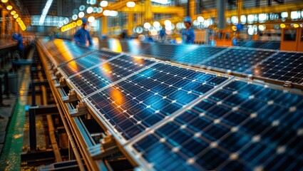 Large-scale solar panel production at an industrial facility with workers inspecting and handling panels on the manufacturing floor amidst bright lights and modern equipment.