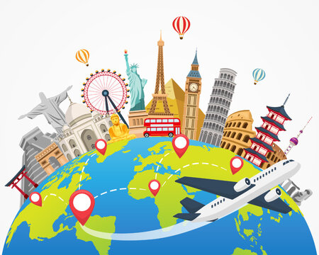 plane travel and landmark world on white background. time to travel banner. tourism trip concept. journey in vacation. vector illustration flat design.