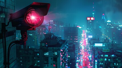 Crisp and detailed photo of a surveillance camera capturing a cityscape lit up at night