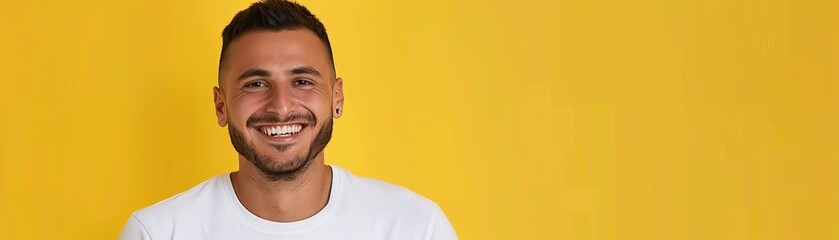 Fototapeta premium This young arab man is wearing a casual white t-shirt as he smiles with a friendly handshake as he greets and welcomes you to his successful business.