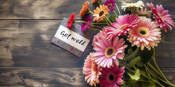 A heartfelt get well soon card surrounded by an array of colorful gerbera daisies on a wooden background