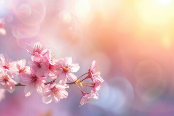 Horizontal banner with sakura flowers of pink color on sunny backdrop. Beautiful nature spring...