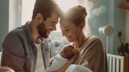 Fototapeta premium A happy couple hugs their newborn little baby at home, the woman and man became parents. Miracle Unveiled: A family Holding Their child, Reveling in the Miracle of Life