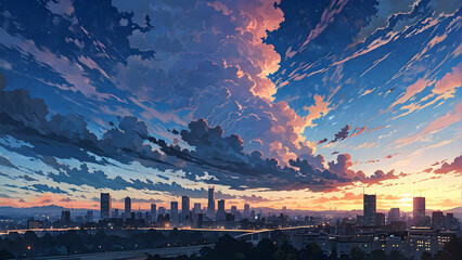 Obraz premium A beautiful view of skyline city with skyscraper office buildings. Anime cartoonish style. Wallpaper background