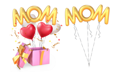 3d rendering open gift with golden mom and red heart shaped balloons Isolated isolated on transparent background, PNG file add