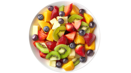 Colorful fruit salad with strawberries, blueberries, kiwi, and mango in a white bowl.transparent background.