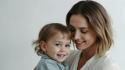 Portrait of happiness mother with small daughter on white background