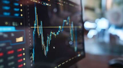 Detailed financial analysis: high-resolution computer monitor showcasing dynamic stock market graphs and trends