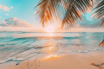Obraz premium Perfect beach sunset. Beautiful tropical beach scene for background or wallpaper. Summer vacation holiday concept design and copy space with generative ai