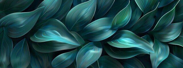 Abstract background with a wavy texture in teal and blue colors, forming geometric shapes of leaves or petals. 