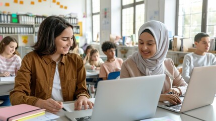 Obraz premium Two girls are sitting at a table in a classroom