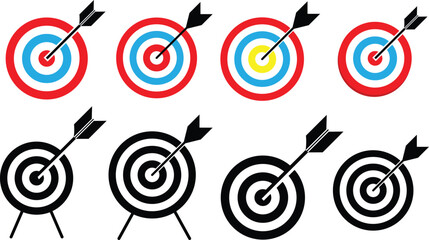 Target with arrow icon set. Archery target with arrow. Archery target with arrow isolated on transparent background. Bullseye concept vector illustration. 