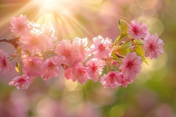 Horizontal banner with sakura flowers of pink color on sunny backdrop. Beautiful nature spring...