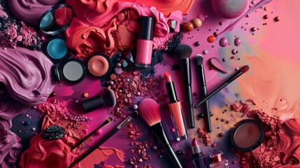 Obraz premium A dynamic banner featuring an assortment of makeup products.