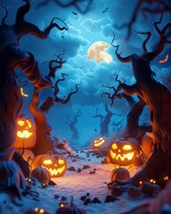 A dark and spooky forest with a full moon and jack-o'-lanterns.