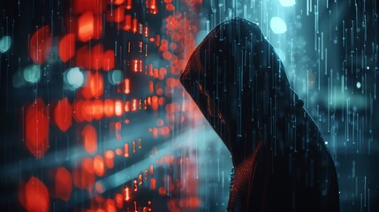Unrecognizable hacker in a hoodie with digital code backdrop in a concept of cyber security silhouette