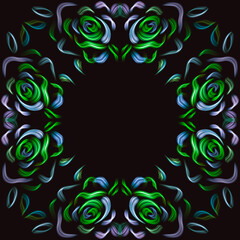 Roses frame.Bright colorful border on a dark background, multicolor picture, place for text, template for printing, holiday decoration, decor element, modern art, abstract frame