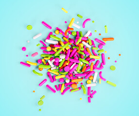 Colorful Sprinkles For Cake And Bakery Items Top View Scattered On Cyan Background 3D Illustration