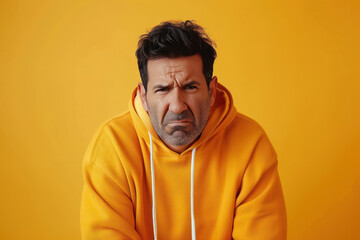 middle age man wearing sweatshirt and giving confused expression.