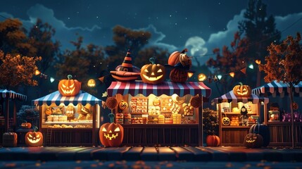 A Halloween fair with stalls selling food and gifts. The stalls are decorated with pumpkins and other Halloween-themed items. The background is a night sky with a full moon.
