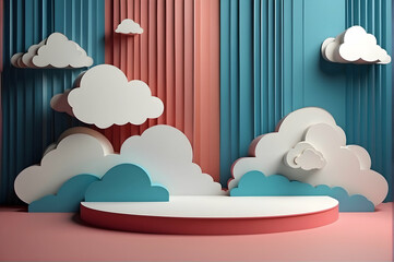 podium with paper clouds decoration