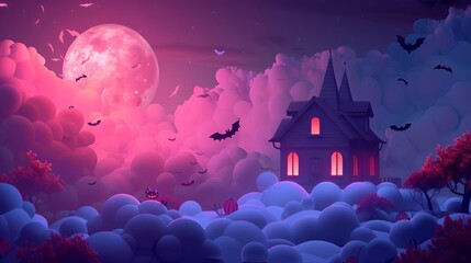 A haunted house with a full moon and bats flying around.