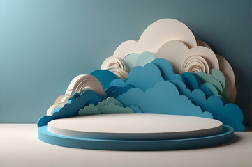 podium with paper clouds decoration
