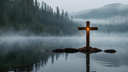 wooden cross floating above misty lake