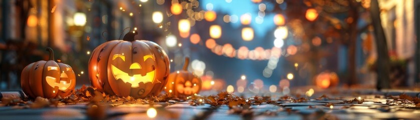 Spooky Halloween pumpkins glowing in the night.