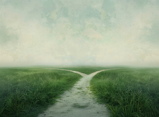 Crossroads with two diverging paths in misty landscape