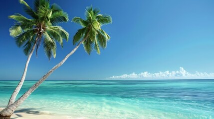 tropical island paradise with clear blue skies and lush palm trees casting shadows on the sandy beach