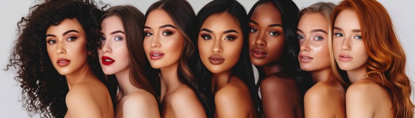 There is no retouching in this image of beautiful, diverse ladies seated together on a white background, with bodies of every shape and size.