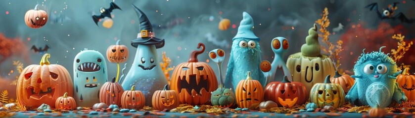 group of cute and colorful ghosts with pumpkins. It is a great decoration for Halloween.