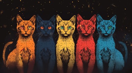 Illustration of colorful cats sitting in a line.  