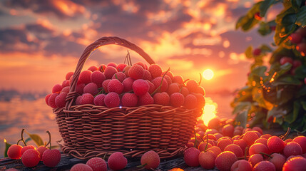 Basket of fruit on a wooden table with a sunset 