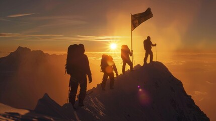 Climbers in silhouette at dawn, flag raised high as the sun rises behind them, highlighting the dramatic and inspiring journey to the top