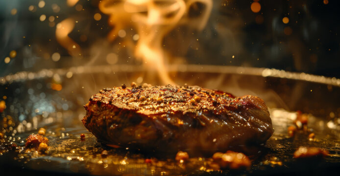 A seasoned steak perfectly centered in a powerful burst of oil, symbolizing the bold flavors and robust cooking techniques used in gourmet cuisine.