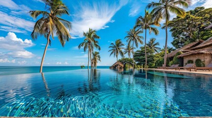 tropical resort relaxation a serene swimming pool surrounded by lush palm trees and a clear blue sky, with a white cloud adding to the picturesque view