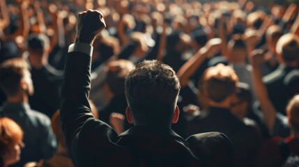 A leader standing in front of a crowd, their fist raised in a call to action, with followers echoing the gesture, portraying strength and solidarity.