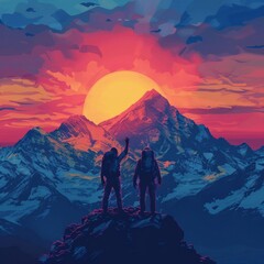 Men stand on the top of a mountain at sunset.