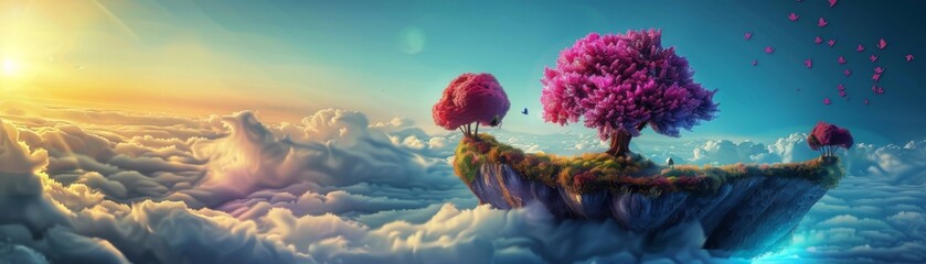 Dreamy landscape of a surreal floating island above the clouds, with whimsical trees and glowing flowers, symbolizing creativity and the power of imagination